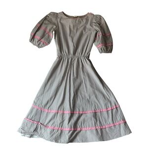 Vintag Cottagecore Peasant 50s‎ Pink Gray Long Sleeve Dress S/M ILGWU Union